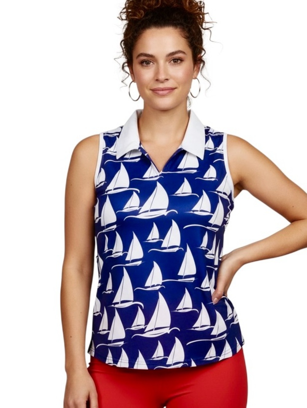 AnaClare Activewear Polo Golf Tennis Blue White Nautical Sailboat Print Top L
